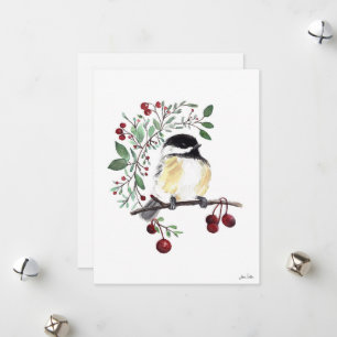 Winter Chickadee Bird Berries Holiday Card Feestdagenkaart