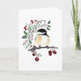Winter Chickadee Bird Berries Holiday Card Kaart