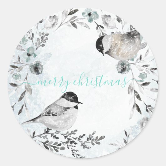 Winter Chickadee Birds Dusty Blue Wreate Kerstmis Ronde Sticker (Voorkant)