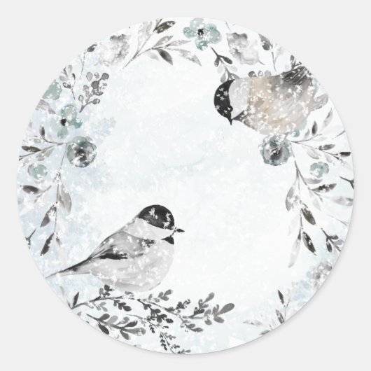 Winter Chickadee Birds Dusty Blue Wreate Kerstmis Ronde Sticker (Voorkant)