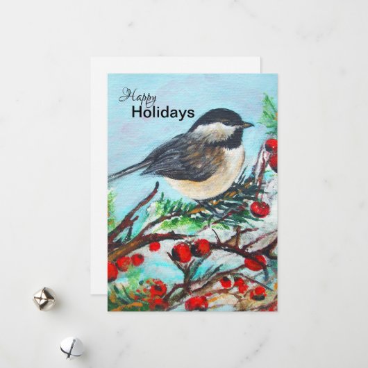 Winter Chickadee met Berries Holiday Card Feestdagenkaart (Voorkant / Achterkant in situ)