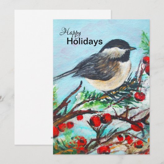Winter Chickadee met Berries Holiday Card Feestdagenkaart (Voorkant / Achterkant)