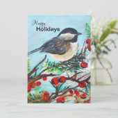 Winter Chickadee met Berries Holiday Card Feestdagenkaart (Staand voorkant)