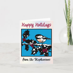 Winter Chickadee op Holly Woodcut Winter Feestdage Feestdagen Kaart