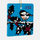 Winter Chickadee op Holly Woodcut Winter Feestdage Keramisch Ornament (Rechts)