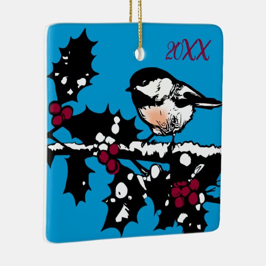 Winter Chickadee op Holly Woodcut Winter Feestdage Keramisch Ornament (Rechts)