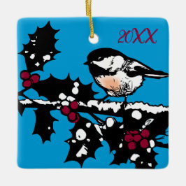 Winter Chickadee op Holly Woodcut Winter Feestdage Keramisch Ornament
