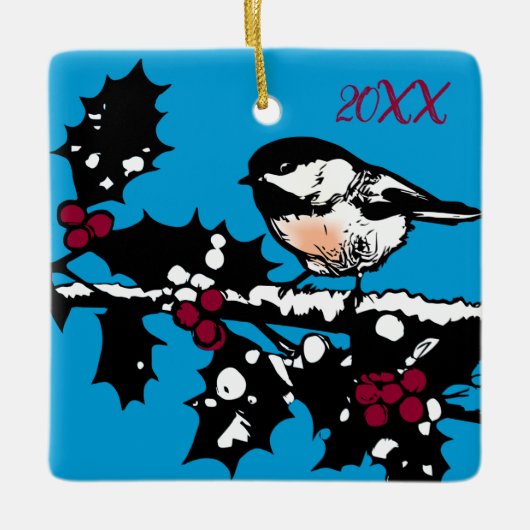 Winter Chickadee op Holly Woodcut Winter Feestdage Keramisch Ornament (Voorkant)