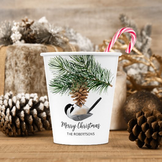 Winter Chickadee op Pinecone Merry Kerstmis Papieren Bekers