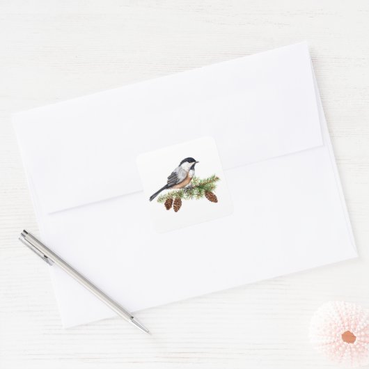 Winter Chickadee Vierkante Sticker (Envelop)