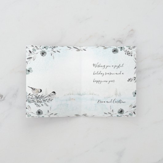 Winter Chickadee Vogels Stoffig Blauw Vrolijk Kers Feestdagen Kaart (Binnen)