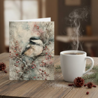 Winter Chickadee Watercolor Christmas Card – Peace Feestdagen Kaart
