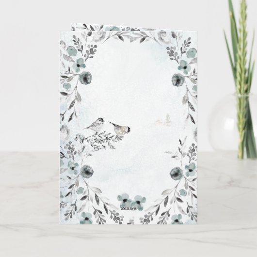 Winter Chickadees Dusty Blue Wreate Kerstmis Feestdagen Kaart (Achterkant)