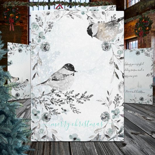 Winter Chickadees Dusty Blue Wreate Kerstmis Feestdagen Kaart