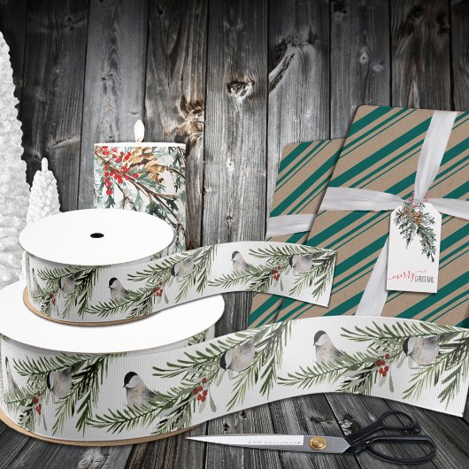 Winter Chickadees op Spruce Branch Holiday Grosgrain Lint