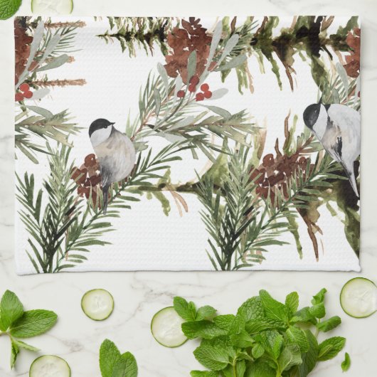 Winter Chickadees Spruce Tree Woodland Holiday Theedoek (Gevouwen)