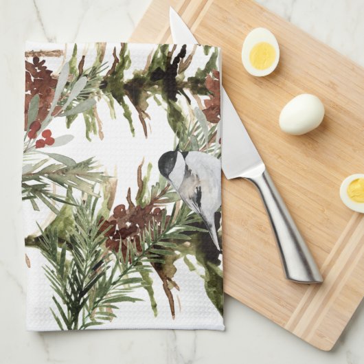 Winter Chickadees Spruce Tree Woodland Holiday Theedoek (Quarter Fold)