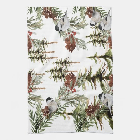 Winter Chickadees Spruce Tree Woodland Holiday Theedoek (Verticaal)