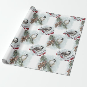 Winter Chickadees, Waterverf kerstmis Cadeaupapier