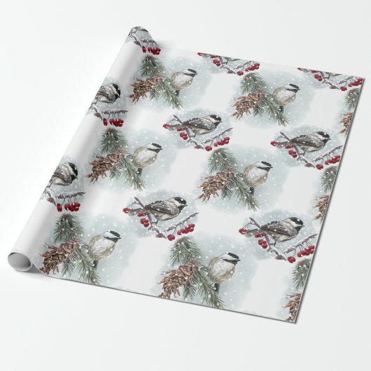 Winter Chickadees, Waterverf kerstmis Cadeaupapier (Uitgerold)