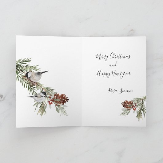 Winter Chickades dennenbessen Vrolijk Kerstfeest Feestdagen Kaart (Binnen)