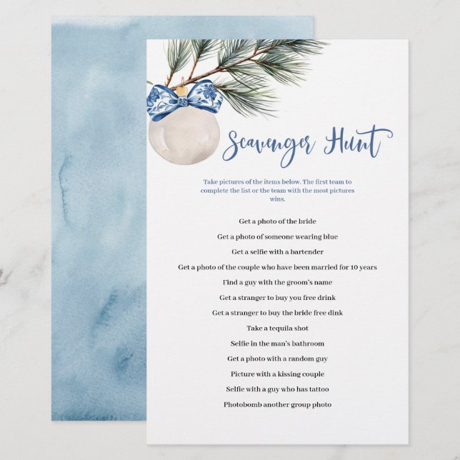 Winter Chinoiserie Bow Scavenger Hunt Games Kaart (Voorkant / Achterkant)