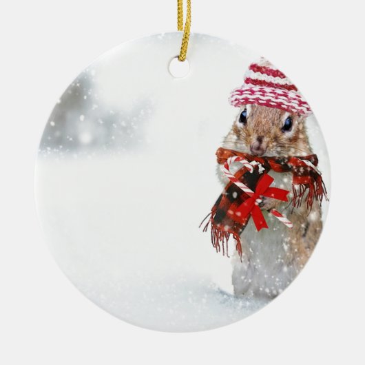 Winter Chipmunk Knit Pet Red Scarf Keramisch Ornament (Voorkant)