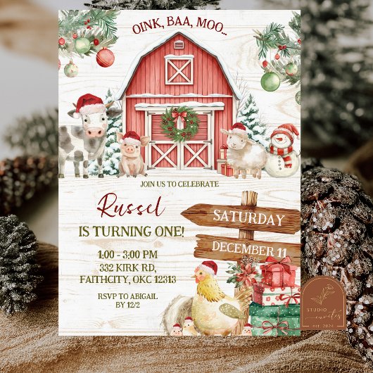 Winter Christmas Farm Animal Birthday Kaart