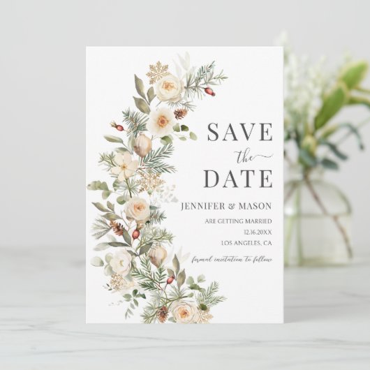 Winter Christmas Floral Save the Date Uitnodiging (Staand voorkant)