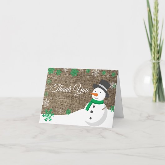 Winter Christmas Green Snowman Burlap Bedankkaart (Voorkant)