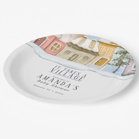 Winter Christmas Het duurt een Village Baby shower Papieren Bordje (Gekanteld)