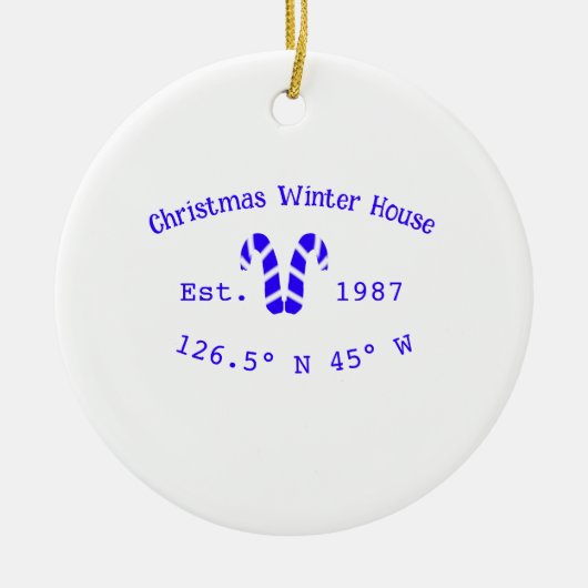 Winter Christmas house blue candy canes est. Year  Keramisch Ornament (Voorkant)