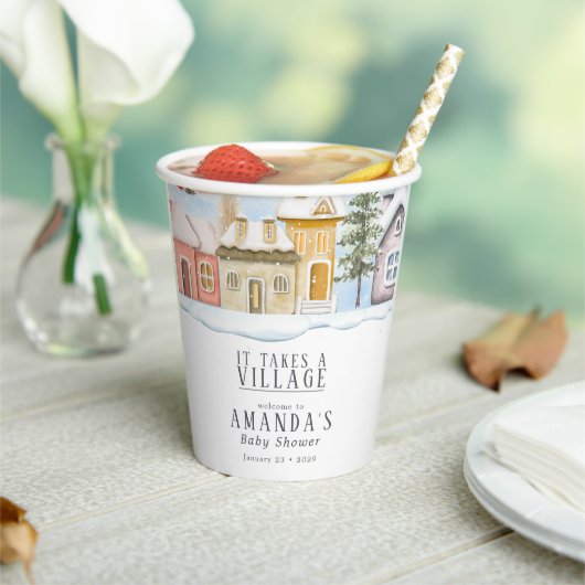 Winter Christmas It takes a Village Baby Shower Papieren Bekers (Insitu)