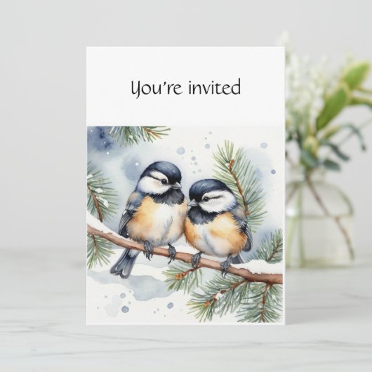 Winter Christmas Jubileum Party Chickadee Birds Kaart (Staand voorkant)