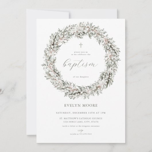 Winter Christmas Krans Doop Uitnodiging (Voorkant)