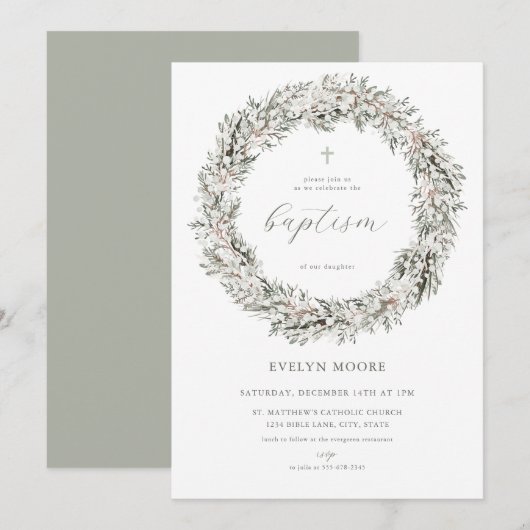 Winter Christmas Krans Doop Uitnodiging (Voorkant / Achterkant)