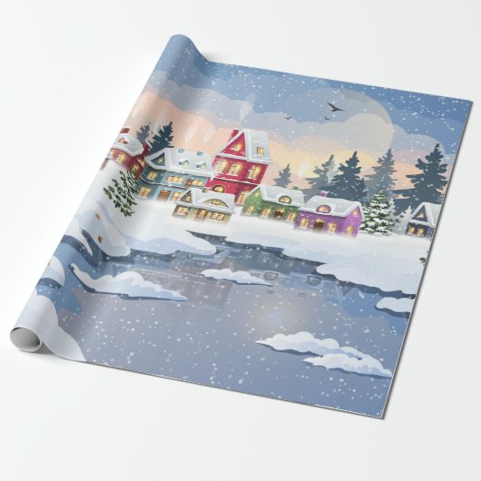 Winter Christmas landscape with snow-covered house Cadeaupapier (Uitgerold)