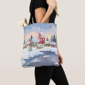 Winter Christmas landscape with snow-covered house Tote Bag (Dichtbij)