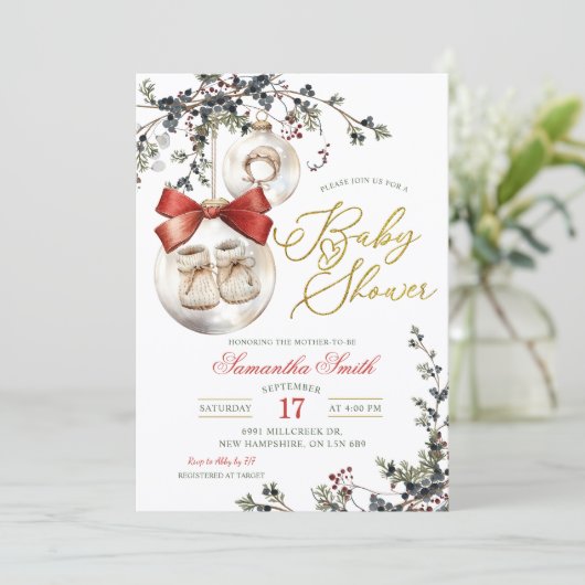 Winter Christmas Minimalist Bauble Baby Shower Kaart (Staand voorkant)