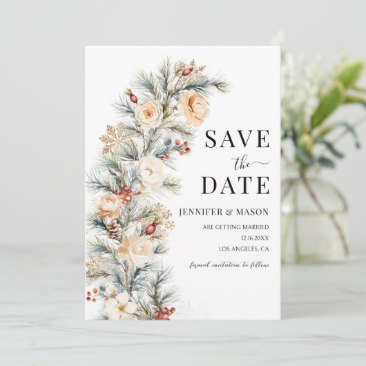 Winter Christmas Pine Tree Bewaar de datum Kaart (Staand voorkant)