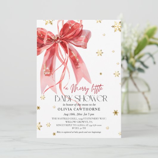 Winter Christmas Red Bow Baby Shower Kaart (Staand voorkant)