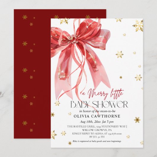 Winter Christmas Red Bow Baby Shower Kaart (Voorkant / Achterkant)