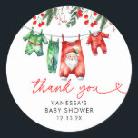 Winter Christmas Santa Baby shower Bedankt Ronde Sticker<br><div class="desc">Voeg een feestelijk tintje toe aan uw bedankbriefjes of feestgunsten met onze Winter Christmas Santa Baby shower Classic Round Sticker. Deze stickers zijn voorzien van een vrolijk Santa Claus-ontwerp, omringd door winterse elementen zoals sneeuwvlokken en groen, en zijn ideaal voor het verzegelen van enveloppen, het decoreren van cadeautassen of het...</div>