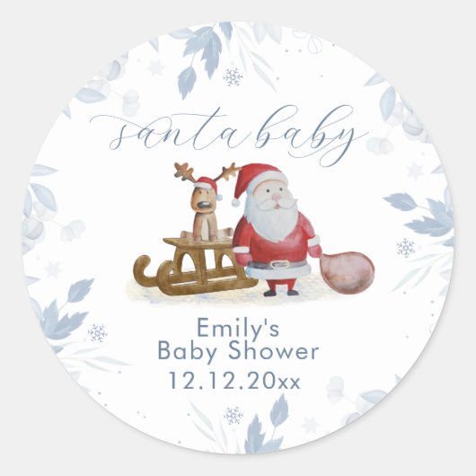 Winter Christmas Sleigh Moose Santa Baby Shower  Ronde Sticker (Voorkant)