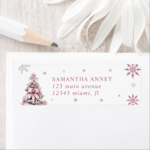 Winter Christmas Tree Pink Bow Retouradres Etiket