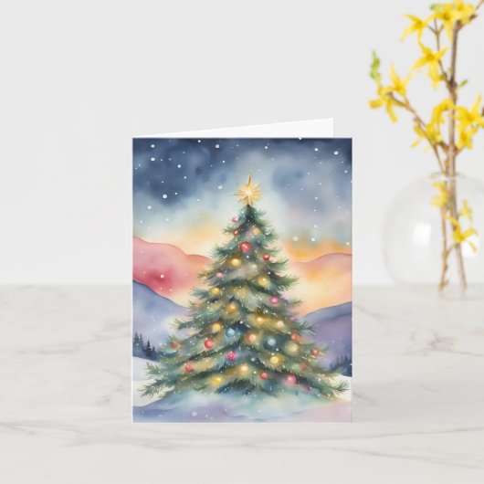 Winter Christmas Tree Snowy Sunset Scenery Kaart (Gele Bloem)