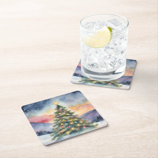 Winter Christmas Tree Snowy Sunset Scenery Kartonnen Onderzetters (Insitu)
