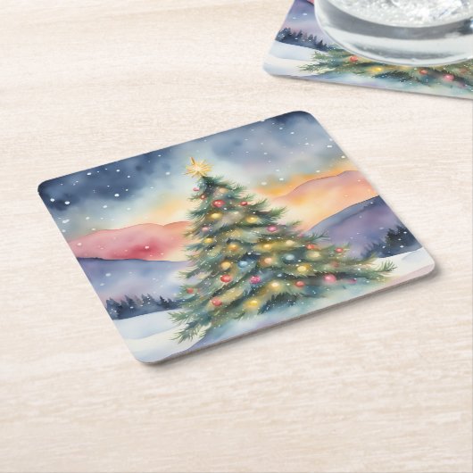 Winter Christmas Tree Snowy Sunset Scenery Kartonnen Onderzetters (Schuin)