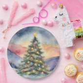 Winter Christmas Tree Snowy Sunset Scenery Papieren Bordje (Feest)