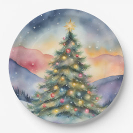 Winter Christmas Tree Snowy Sunset Scenery Papieren Bordje